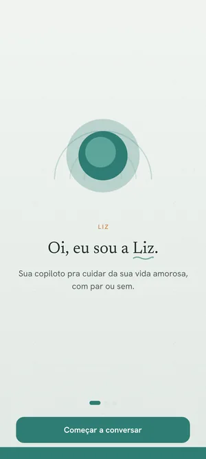 Tela de apresentação da Liz, com a frase Oi, eu sou a Liz e o botão Começar a conversar.